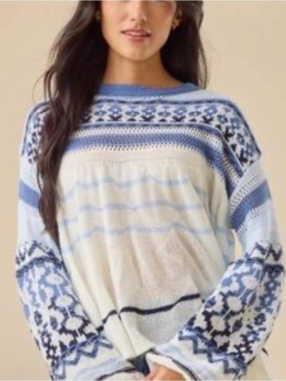 Altar'd State Blue and Cream Patterned Crewneck Sweater
